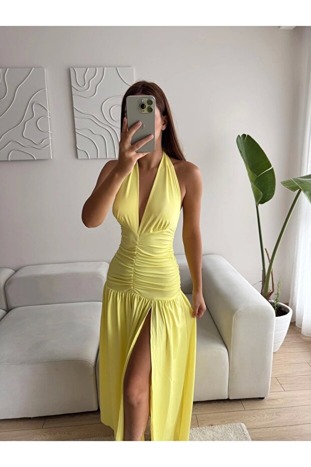 Derin Yırtmaç Boyun Geçmeli Elbise - SARI - 3