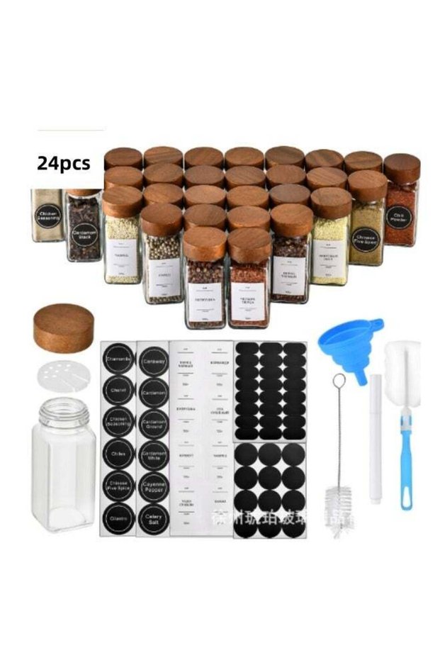 Spice Jars, 24 Labeled Spice Jars, Seasoning Containers, Bamboo Covered Glass Spice Jars, Spice Con