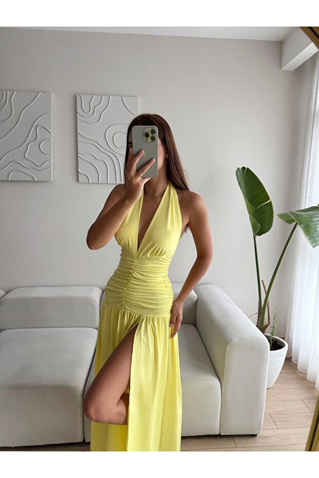 Derin Yırtmaç Boyun Geçmeli Elbise - SARI - 1
