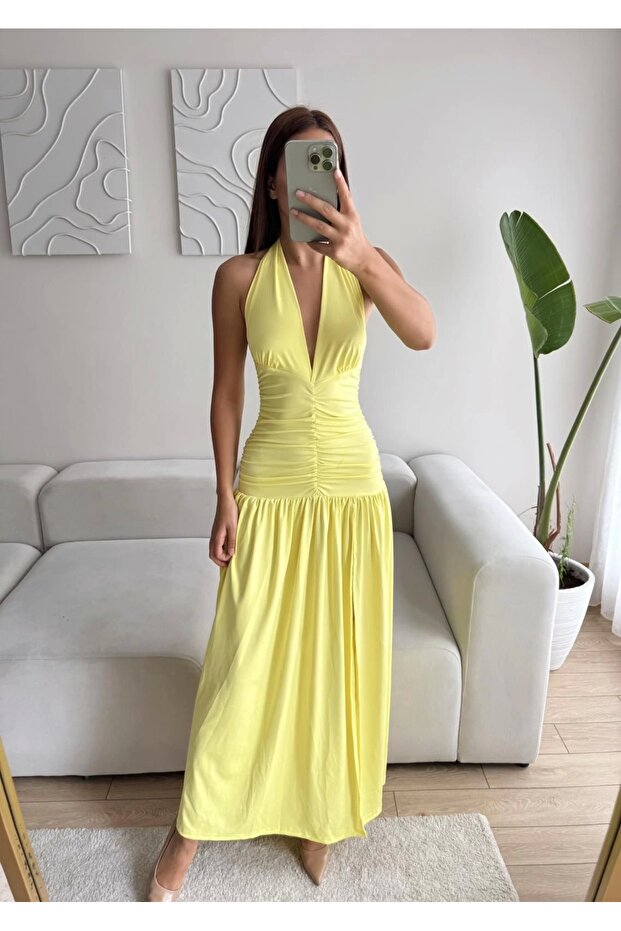 Derin Yırtmaç Boyun Geçmeli Elbise - SARI - 5