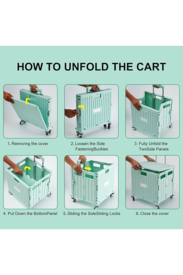 FALAHOM 65L Folding Utility Cart, Heavy Duty Rolling Grocery Cart with 4 Rotate Wheels, Telescoping - 8