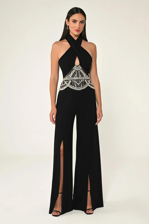 Crepe Long Jumpsuit with Cross Tie on the Neck and Stone Accessories