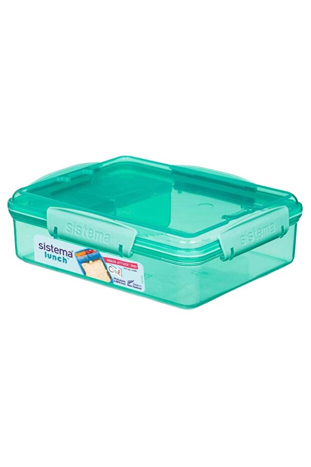 Sistema Snack Attack Duo 975ml Green Lunch Box with Dual Compartments, Easy Lock Clips, BPA Free Fo