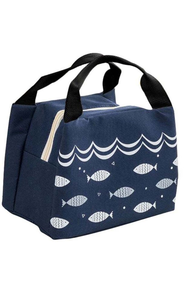 Portable Fish Printed Lunch Bag Black/White/Blue 25.5 x 18cm