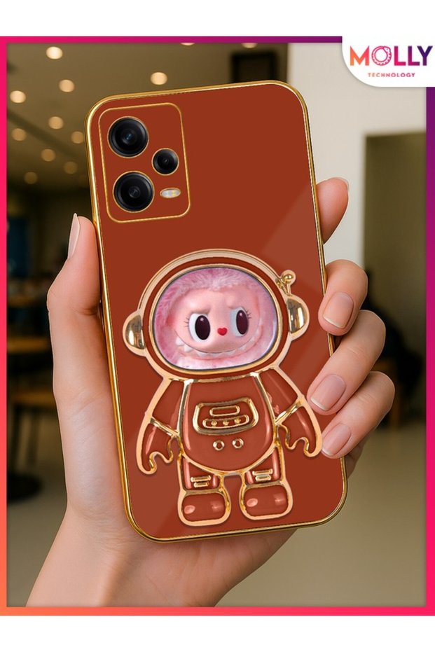 Tile Labubu Astronaut Stand Gold Detailed Luxury Silicone Case for Xiaomi Redmi Note 12 Pro 5g