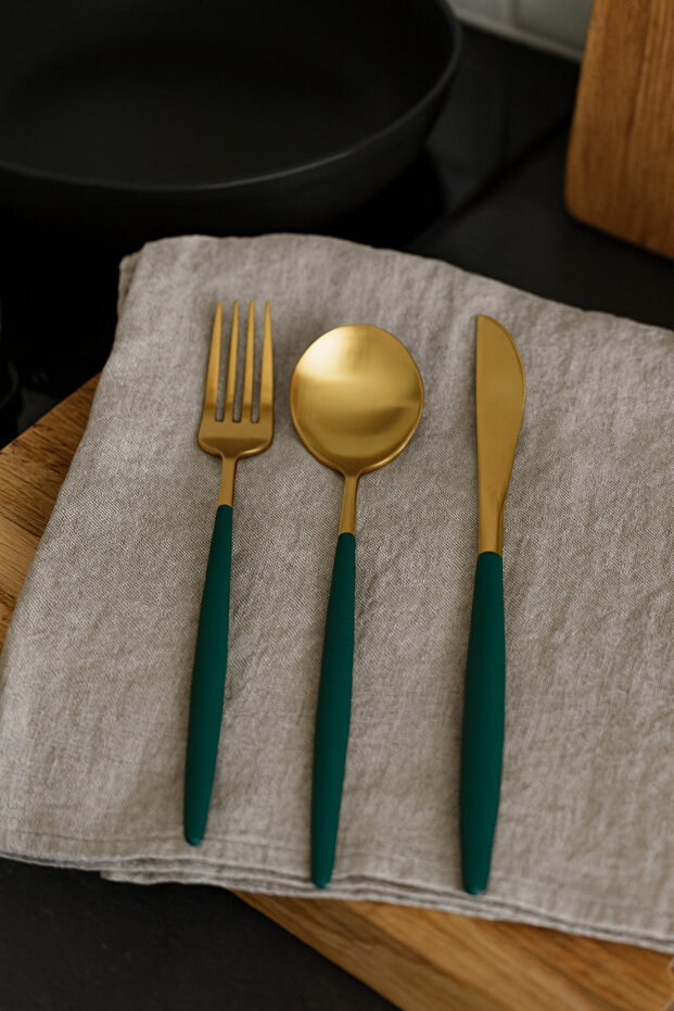 Gold Green Fork Spoon Knife Set of 3 – Stainless Steel Dinnerware Set for 1 Person