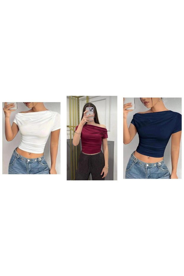 Advantageous Pack of 3 Cream, Claret Red, Navy Blue Women's Off-The-Shoulder Viscose Blouse with Pleat Detail