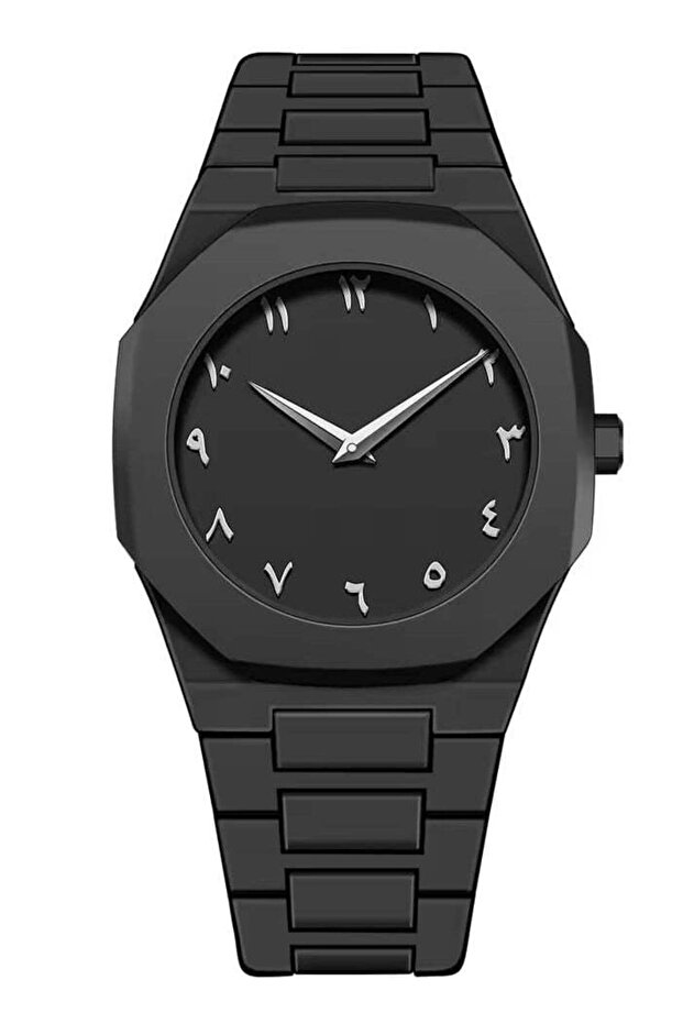 Arabic Numeral Wristwatch, Black Matte Stainless Band, Analog Watch, Octagonal Case