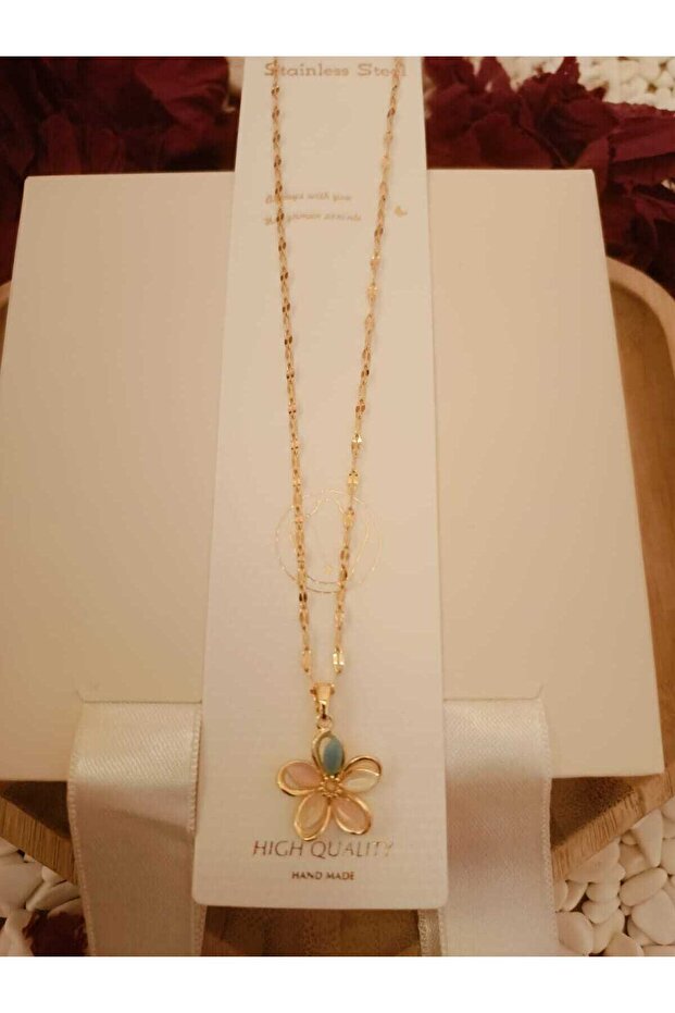 Pembe-mavi çiçek model çelik kolye - 2