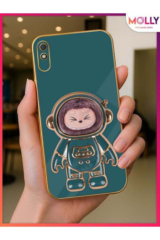 Dark Green Labubu Astronaut for Xiaomi Redmi 9A Luxury Silicone Case with Gold Detail on the Edges with Stand