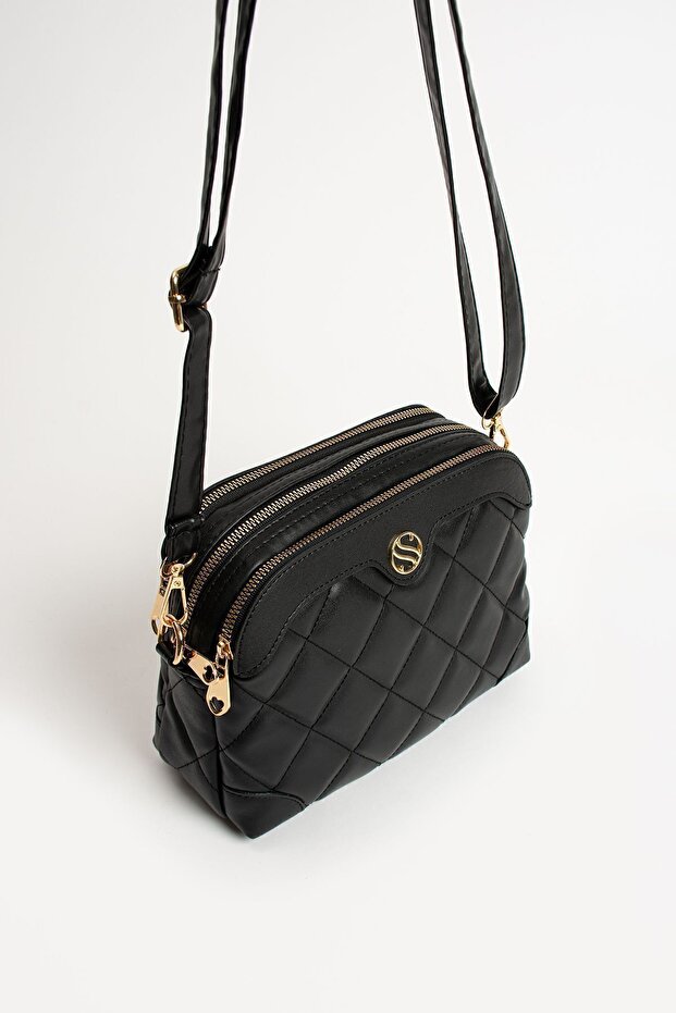 Women's Adjustable Cross Strap 4 Compartment Black Matte Shoulder and Crossbody Bag S-1267