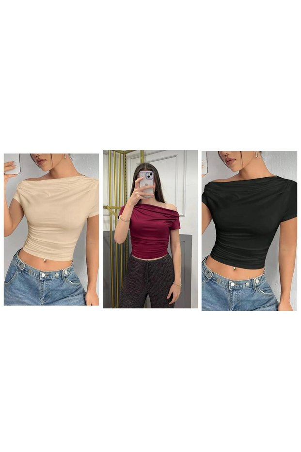3-Piece Advantage Pack Beige, Burgundy, Black Women's Off-Shoulder Viscose Blouse with Pleat Detail