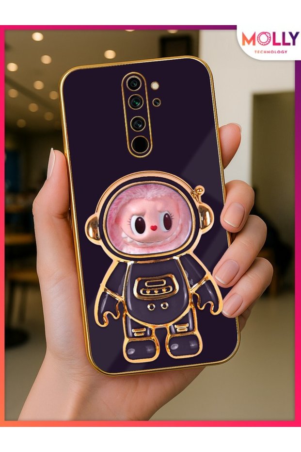 Deep Purple Labubu Astronaut Stand Gold Detailed Luxury Silicone Case for Xiaomi Redmi Note 8 Pro