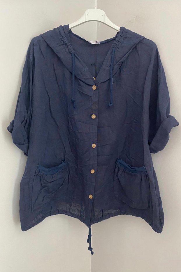 Women's Italian Navy Blue Hooded Button Closure Pocket 3/4 Sleeve Linen Cardigan Jacket Sweatshirt
