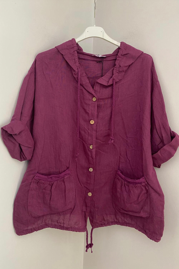 Women's Italian Dusty Rose Hooded Button Closure with Pocket Pockets 3/4 Sleeve Linen Cardigan Jacket Sweatshirt