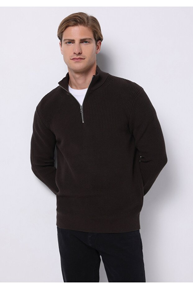 Regular Fit High Neck Jacquard Men's Brown Sweater