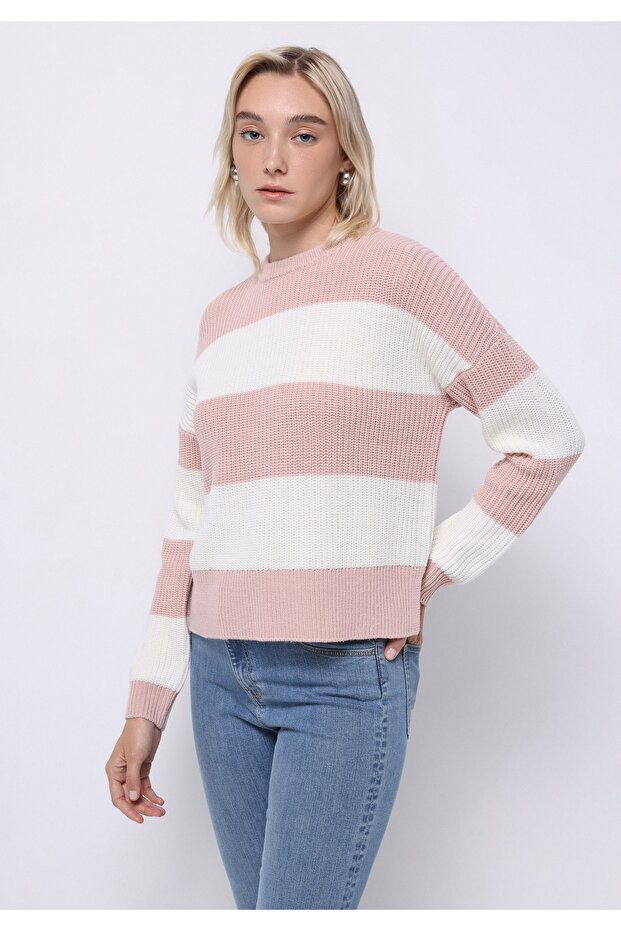 Regular Fit Round Neck Striped Women's Pink Sweater