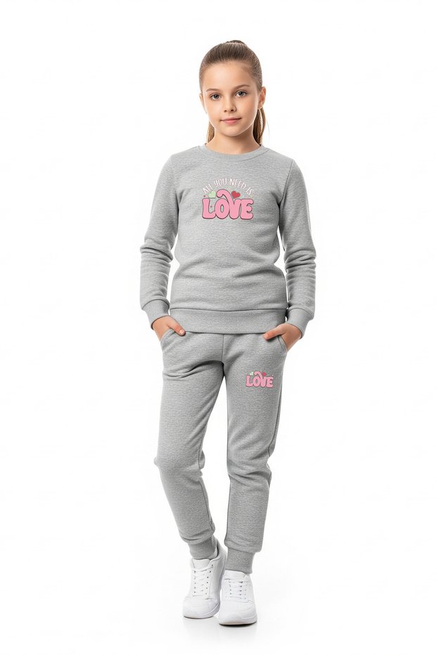 Round Neck Love Printed Girl's Tracksuit Set