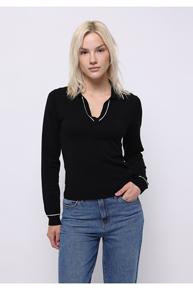 Slim Fit Polo Neck Plain Women's Black Sweater