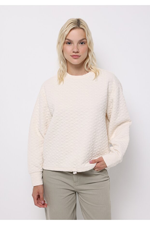Regular Fit Round Neck Jacquard Women's Ecru Long Sleeve T-Shirt