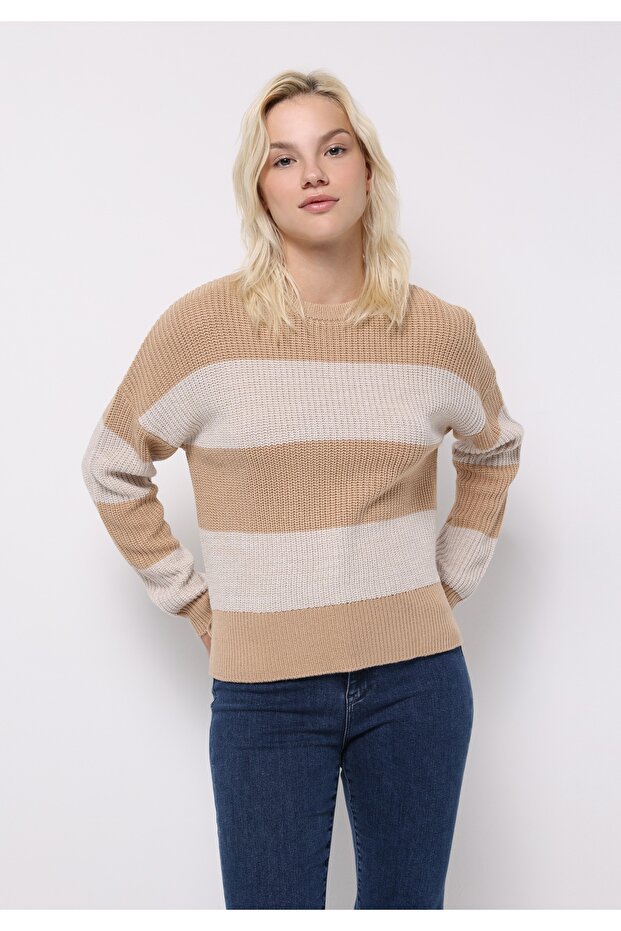 Regular Fit Round Neck Striped Women's Beige Sweater