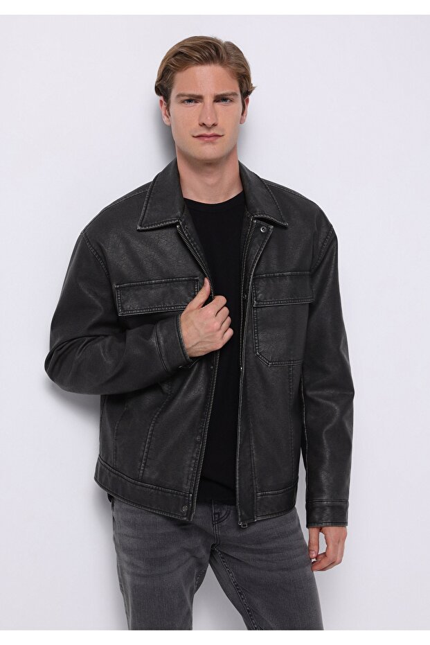 Slim Fit Men's Black Coat Pu