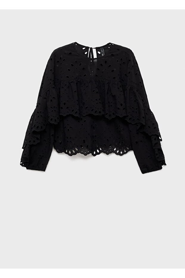 İşlemeli delikli volanlı bluz - 3