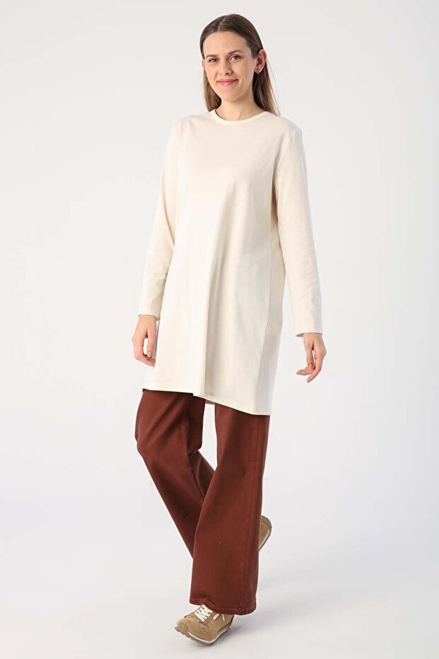 Ekru-Basic Pamuklu Süprem Sweat Tunik - 4