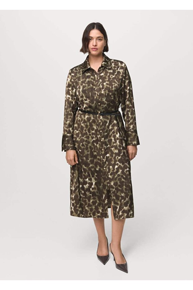 Kemerli desenli gömlek elbise - 6