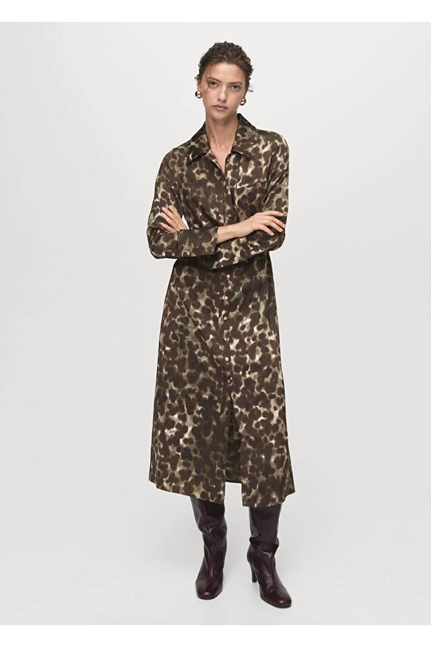 Kemerli desenli gömlek elbise - 2