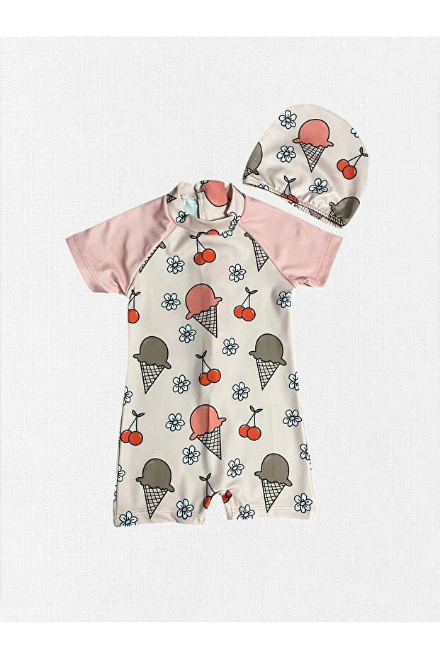 Girl's Pink Color Short Sleeve Checkered Ice Cream Cherry Patterned Tight Woven Quick Dry Swimsuit Set