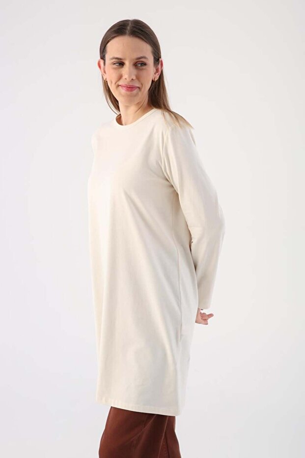Ekru-Basic Pamuklu Süprem Sweat Tunik - 1