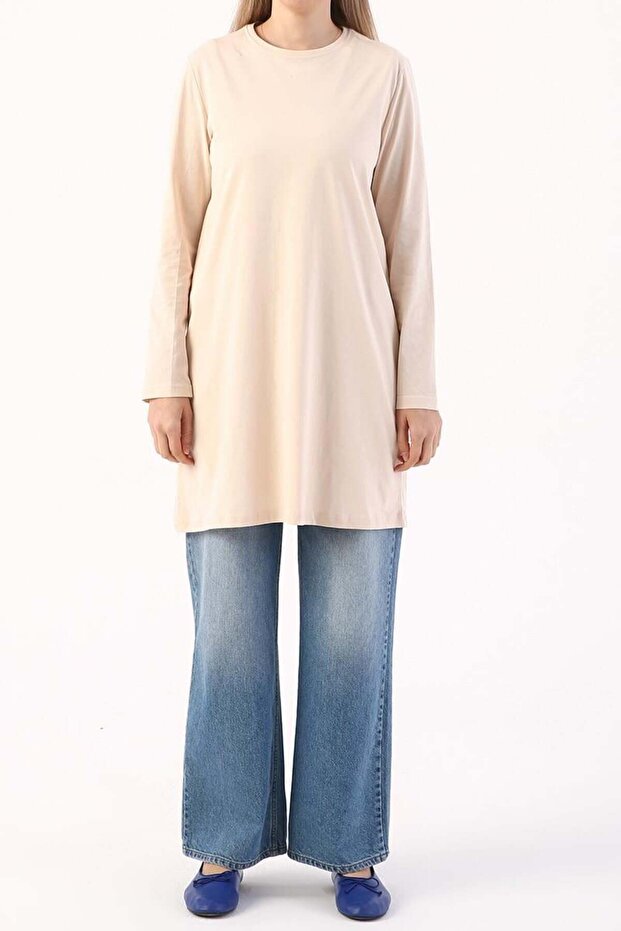 Bej-Basic Pamuklu Süprem Sweat Tunik - 1