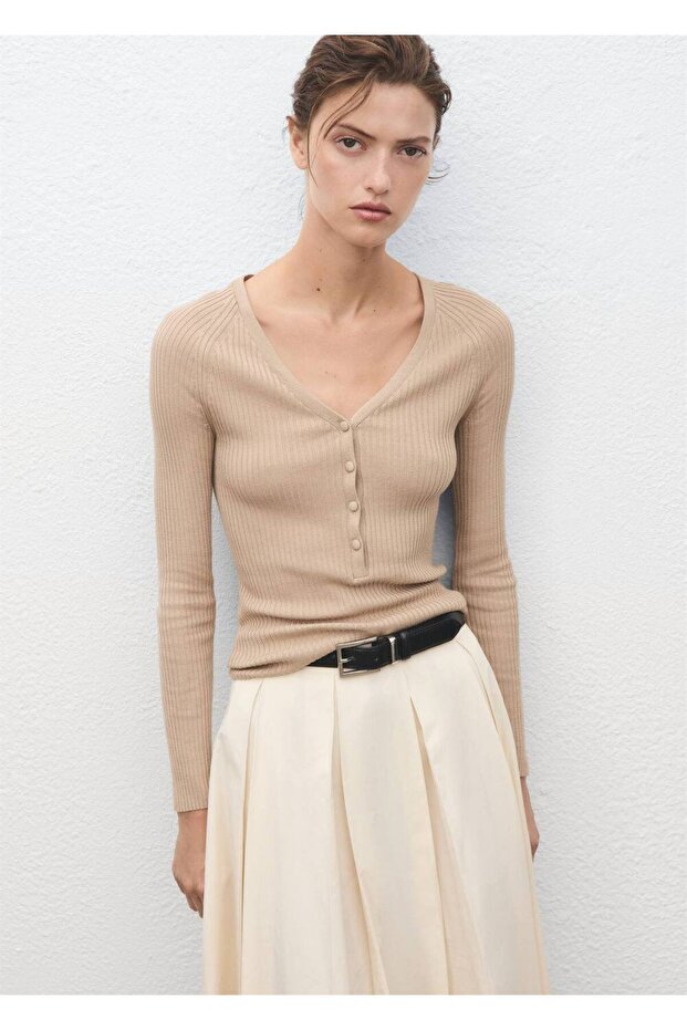 V yaka lastik örgü kazak - 1