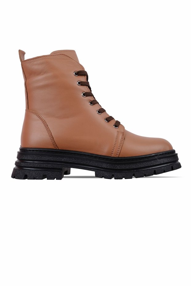 Avril Women's Genuine Leather Lace Detailed Zippered Boots-Taba