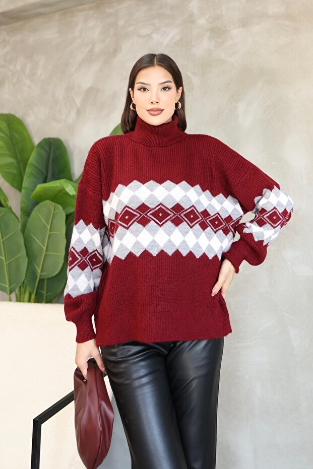 Turtleneck Long Sleeve Ankle Elastic Loose Comfortable Wide Fit Argyle Jacquard Pattern Winter Knitwear Sweater