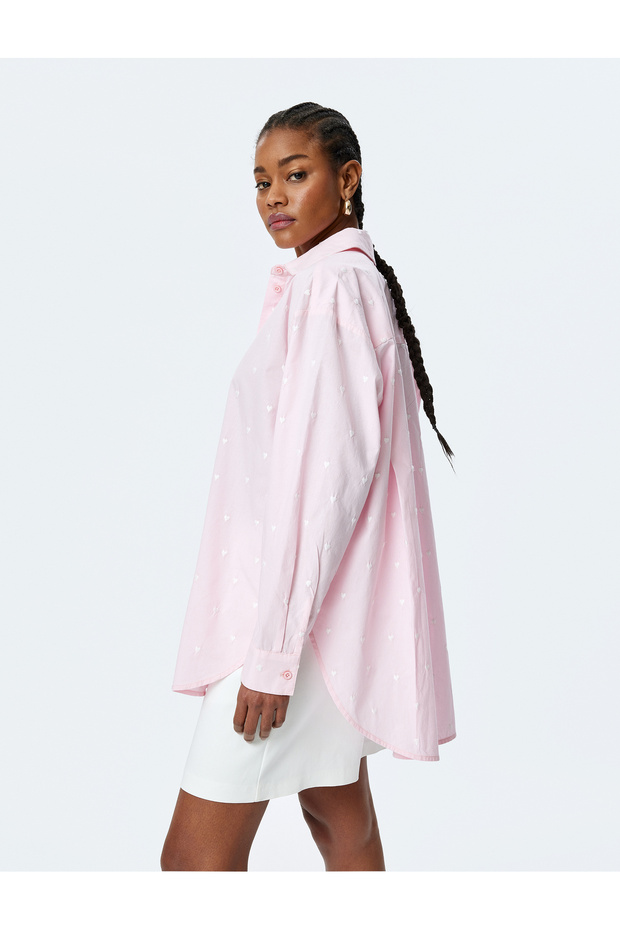 Cotton Long Sleeve Oversize Shirt with Heart Embroidery Detail