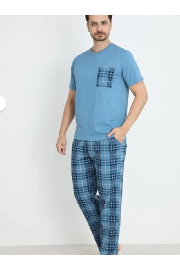 350-08-25 100% Cotton Men's Short Sleeve Plaid Pajamas Set