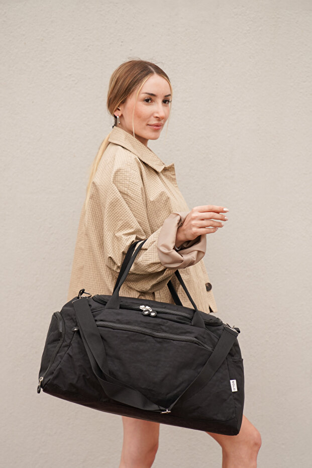 Lorenza Sterling Black Crinkle Fabric Sports and Travel Bag with Shoe Compartment, Front Pocket and Waterproof Shoulder Strap