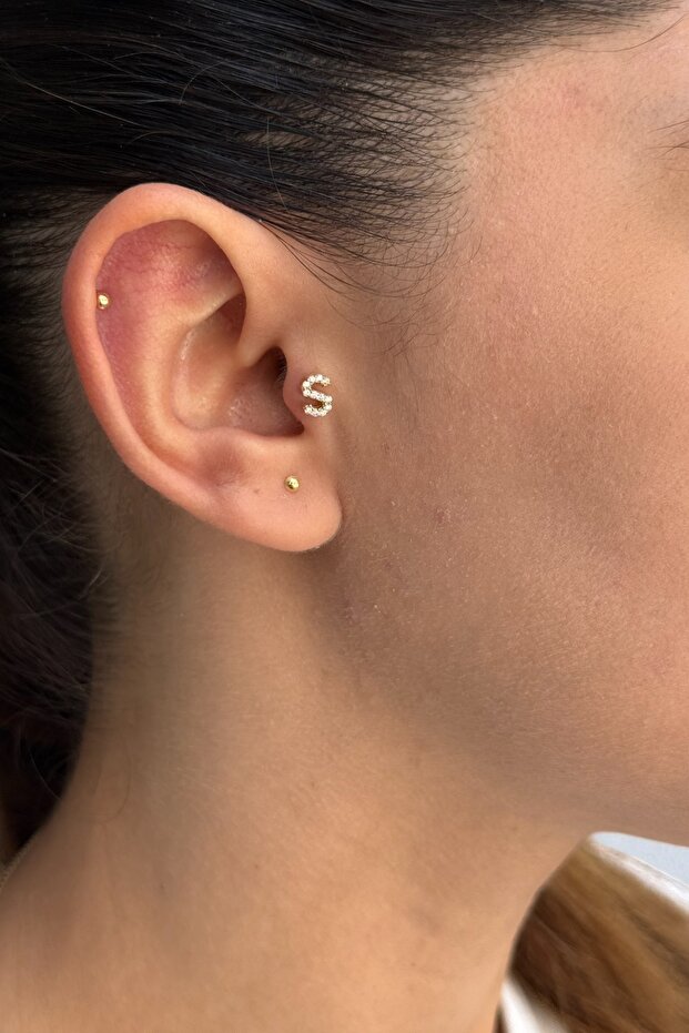14 AYAR TAŞLI S HARFİ TRAGUS VE HELİX KÜPE - 5
