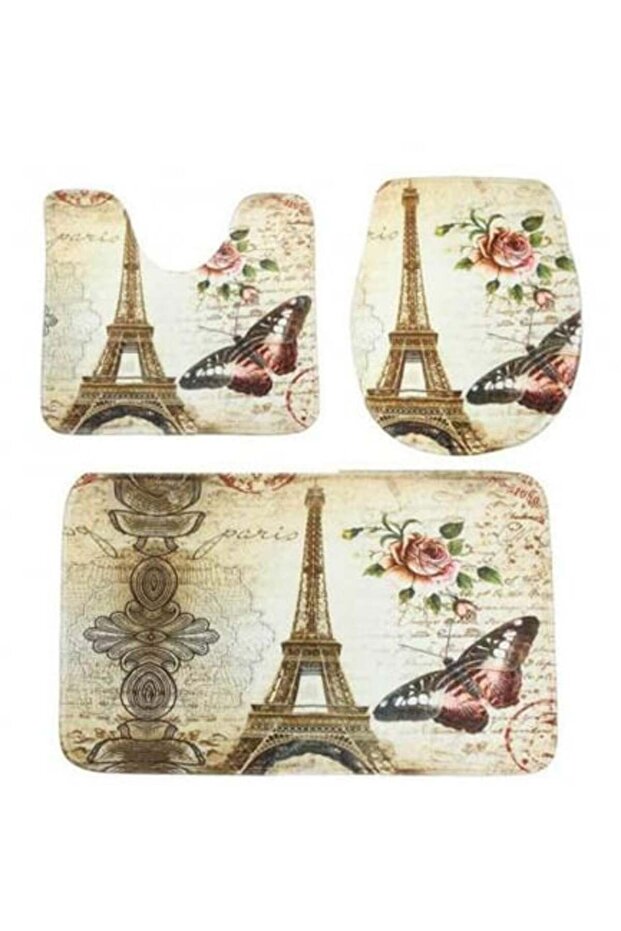 Set 3 Bucati Covorase Baie FizioTab, Antiderapante, Model Turnul Eiffel cu Fluturi, Multicolor - 1
