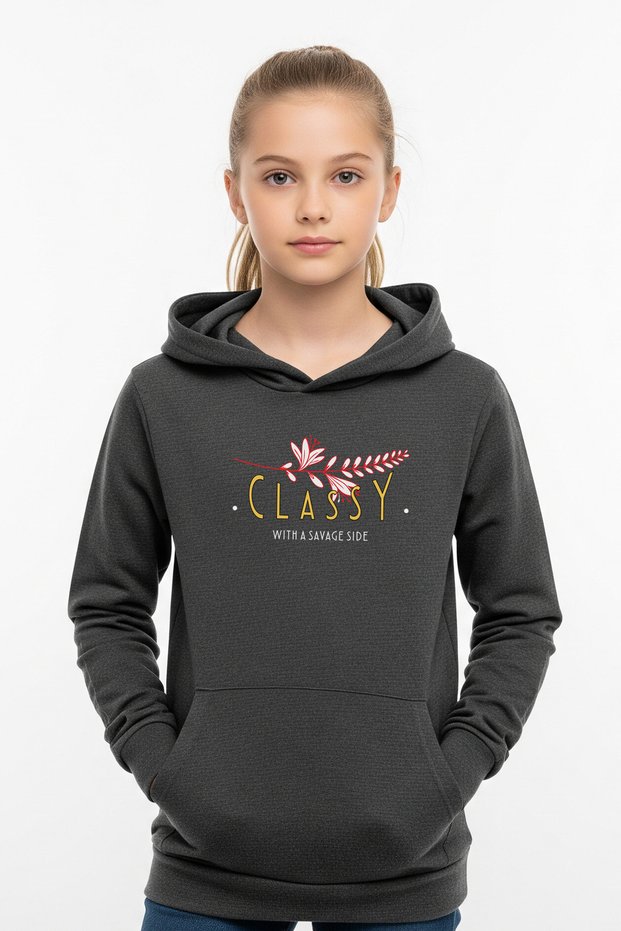 Hooded Kangaroo Pocket Glassy Printed Detail Girl's Sweatshirt