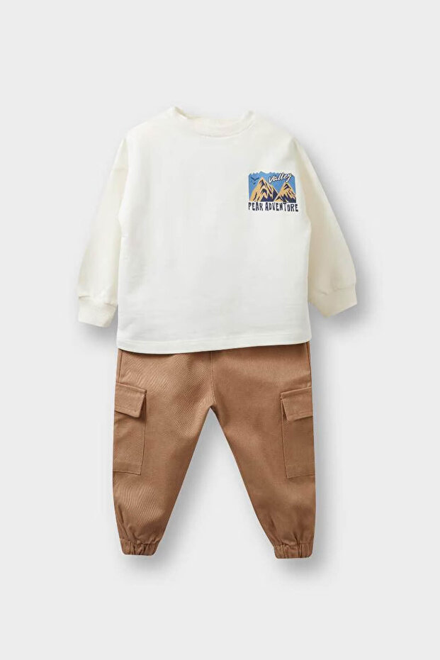 2-Piece Printed Sweatshirt Cargo Pocket Trousers Ecru Baby Boy Bottom-Top Set F1587A5/Er105
