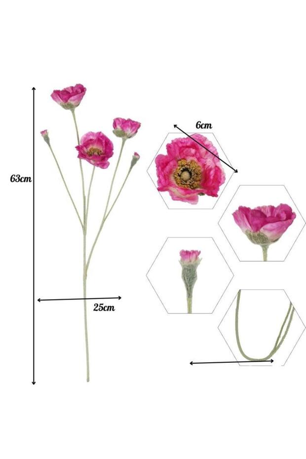 Yapay Çiçek Gelincik Çiçeği Fuşya Renk 3 Çiçek 1 Tomurcuk 59Cm - 8