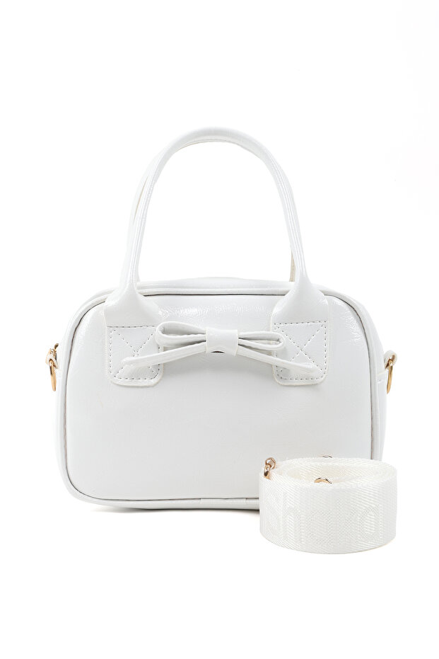 Crinkle Textured White Shk217 Bow Faux Leather, Single Compartment, Zippered, Hand, Arm and Shoulder Bag