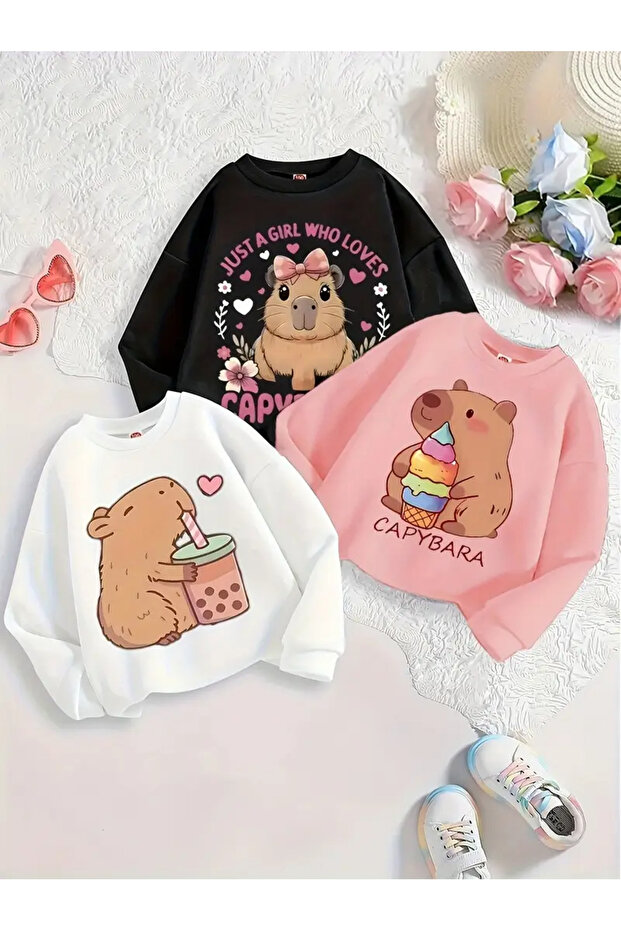 Girl's 3 Pack Ice Cream Capy Bara Printed Crew Neck Sweatshirt