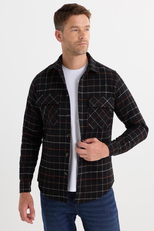 Men's Slim Fit Slim Fit Sports Collar Double Pocket Flap Checkered Shirt
