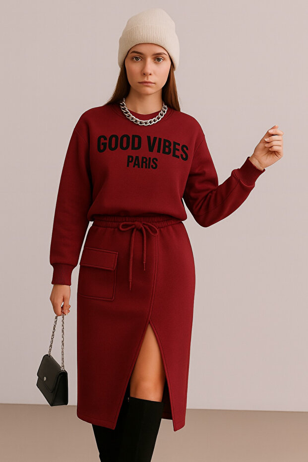 Women's Sweatshirt - Bottom and Top Double Set with Slit Skirt Detail