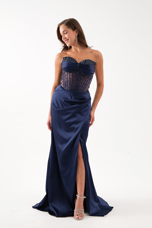 Women's Navy Blue Slim Fit Strapless Beaded Long Satin Evening Dress