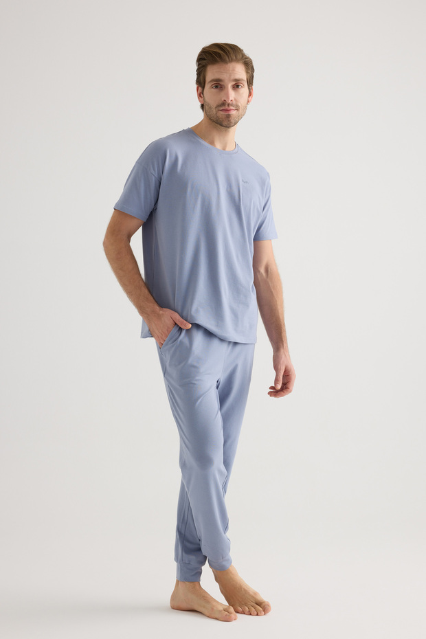 Erkek Pamuklu Kısa Kollu Uzun Pijama Takımı - 1